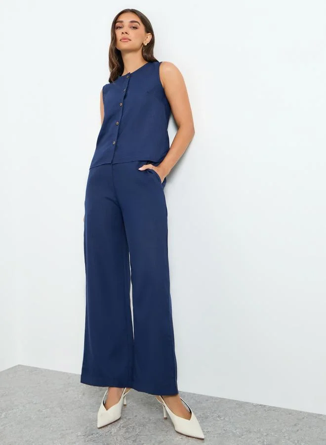 Styli  Women Navy Blue Wide Leg Trousers for Women | Best Price UAE